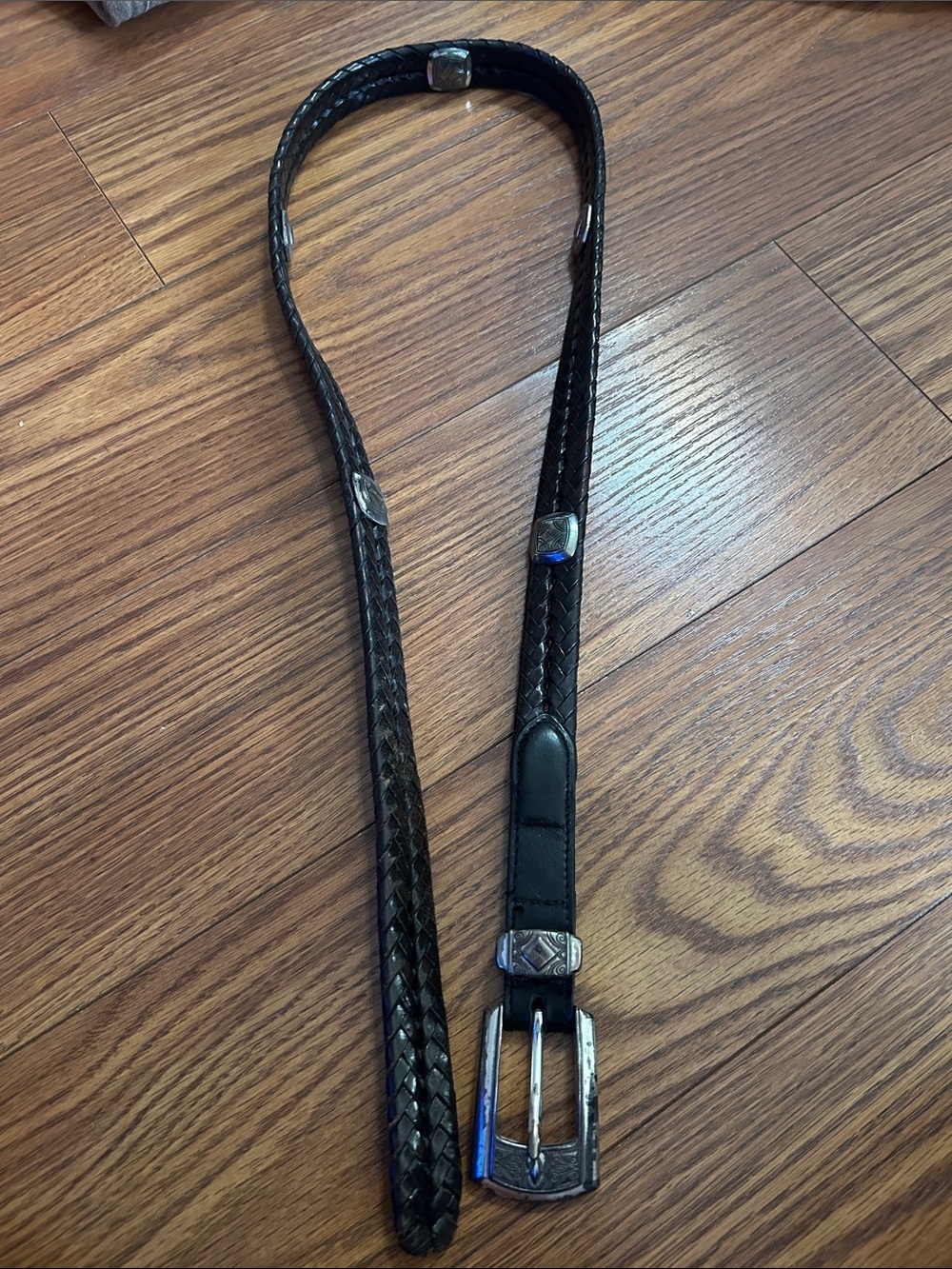 Brighton Size L / 34 Black Leather Woven with Silver Conchos Women’s Belt EUC